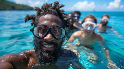 Poster - design an image of a diverse group of volunteers posing for a selfie at the great barrier reef, high