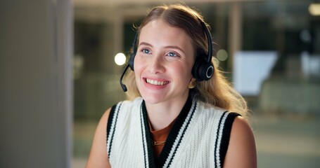 Leinwandbilder - Call center, computer and smile of consultant woman in office at night for customer service or support. Business, contact us and help with happy employee in agency workplace for telemarketing