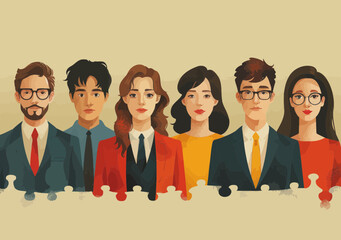 Poster - Team of Experts Collaborating to Solve Problems with Web, Advertising, Human Resources, and Accounting Expertise - Vector Illustration