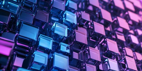 Poster - 3D render, an abstract geometri background with neon cubs blue and purple lights shining on the wall blocks
