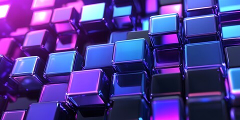 Poster - 3D render, an abstract geometri background with neon cubs blue and purple lights shining on the wall blocks