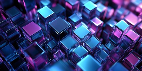 Poster - 3D render, an abstract geometri background with neon cubs blue and purple lights shining on the wall blocks