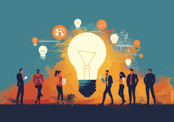 Poster - Team Brainstorming and New Idea Concept with Light Bulb Symbol, Minimalistic Vector Illustration of Business Project Discussion and Problem Solving at Daytime, Collaboration and Innovation