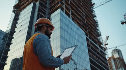Poster - A focused construction worker reviewing blueprints on a tablet, with a large, glass-fronted building under construction behind them Close-up photo with clean background