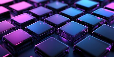 Poster - 3D render, an abstract geometri background with neon cubs blue and purple lights shining on the wall blocks
