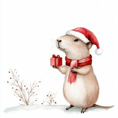 A cheerful animal wearing a Santa hat holds a small gift, embodying the joy of the holiday season in a whimsical illustration.