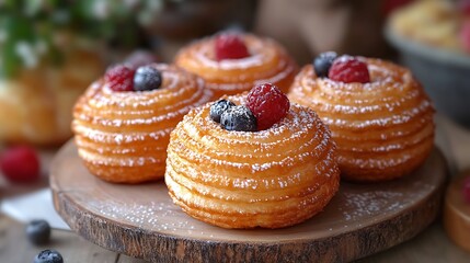 Four fluffy pastries topped with raspberries and blueberries, dusted with powdered sugar on a wooden board.