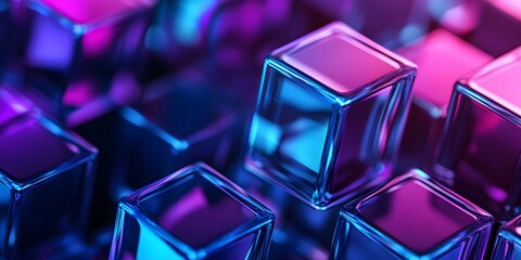 Poster - 3D render, an abstract geometri background with neon cubs blue and purple lights shining on the wall blocks