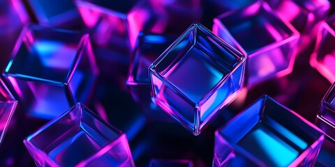 Poster - 3D render, an abstract geometri background with neon cubs blue and purple lights shining on the wall blocks