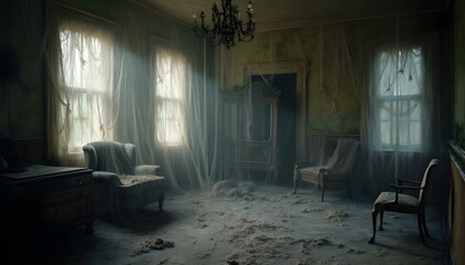 The interior of a haunted house at dusk, featuring cobwebs draping from the corners and eerie shadows creating a chilling atmosphere