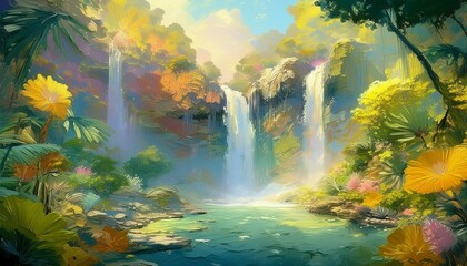 Canvas Print - Majestic Jungle Waterfall with Rainbow Mist and Exotic Birds. Water Color Painting Illustration.