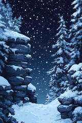 Wall Mural - A serene winter landscape showcasing snow-covered rocks and tall pine trees under a starry night sky