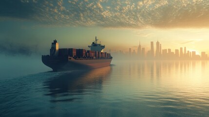 A large cargo ship sailing across a calm ocean, with a city skyline in the background, depicting the maritime transport aspect of global trade