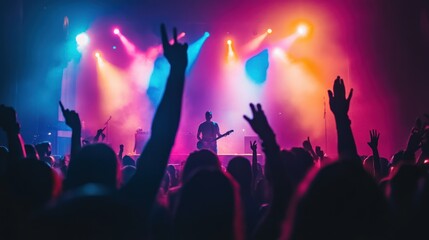 A lively concert party with a crowd dancing under colorful stage lights, hands in the air, with the lead singer engaging with the audience Close-up photo with clean background