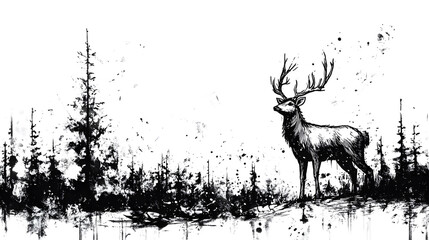 Poster - A black ink sketch of little deer, isolated on white background