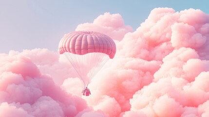 Wall Mural - A Box flying on a parachute with pink cloud,vector illustration of package flying down from sky and cloud with parachute, concept for delivery service,shopping online,air delivery service.