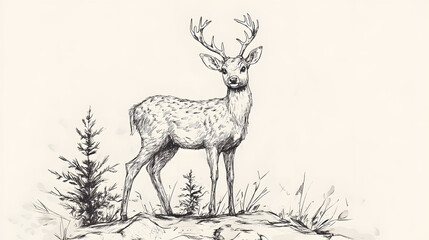 Poster - A black ink sketch of little deer, isolated on white background