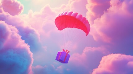 Canvas Print - A Box flying on a parachute with pink cloud,vector illustration of package flying down from sky and cloud with parachute, concept for delivery service,shopping online,air delivery service.