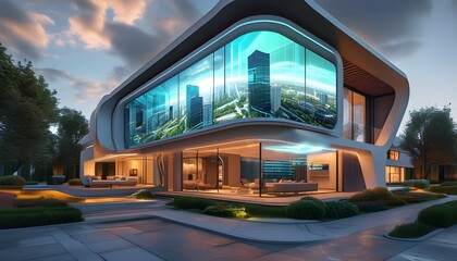 Innovative real estate vision showcasing holographic house projection with a businesswoman, representing cutting-edge technology and advancements in the housing sector