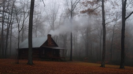 Poster - A quaint log cabin sits in a foggy forest, with smoke gently rising from the chimney as autumn leaves blanket the ground. The trees stand tall, enhancing the serene atmosphere of the morning.