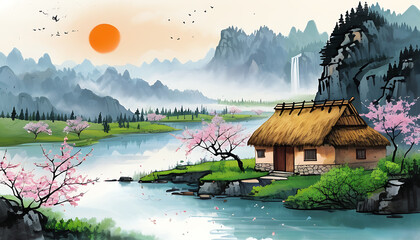 Wall Mural - The beauty of peach forest and hut in traditional Chinese landscape painting, with the breath of spring filling the heart.