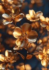 Poster - Golden flowers with five petals and yellow center blooms on a branch against a dark blue background.