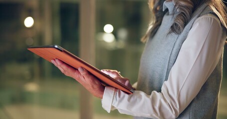 Wall Mural - Employee, night and woman with tablet, hands and internet with company website, network and app. Closeup, evening and consultant with tech, research for project and connection with email or person