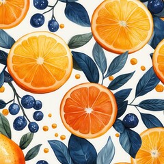 A painting of oranges and blue leaves with a blue background