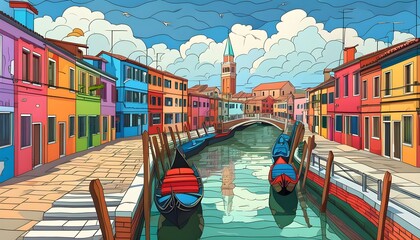 Wall Mural - Intricate Coloring Page of Iconic Venice Canals and Landmarks