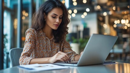 Poster - A young business woman with a focused expression, sitting at a sleek desk in a contemporary office space, typing on a laptop