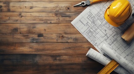 Poster - Abstract image blending blueprints and construction tools on a wooden surface, symbolizing creative planning and design