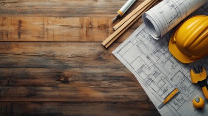 Poster - abstract image blending blueprints and construction tools on a wooden surface, symbolizing creative 