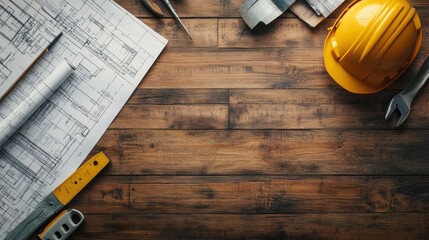Poster - abstract image blending blueprints and construction tools on a wooden surface, symbolizing creative 