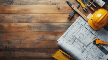 Poster - abstract image blending blueprints and construction tools on a wooden surface, symbolizing creative 