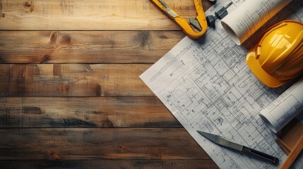 Poster - abstract image blending blueprints and construction tools on a wooden surface, symbolizing creative 