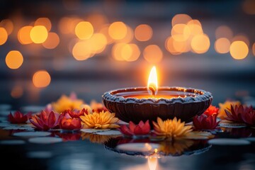 Diwali oil lamp with lotus flowers in water, blurred background with warm lighting