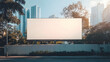 © GT MASTER - White large horizontal billboard mock up on fence wall with urban modern city background