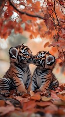 Wall Mural - Two adorable tiger cubs cuddle and kiss each other among autumn leaves.