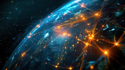 Poster - Abstract representation of a global network with glowing lines and dots connecting different regions around the world, symbolizing connectivity and communication across borders