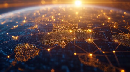 Poster - Abstract representation of a global network with glowing lines and dots connecting different regions around the world, symbolizing connectivity and communication across borders