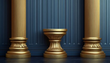 Two Golden Columns and a Pedestal Against a Blue Wall