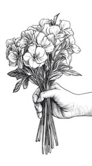 Wall Mural - A black ink sketch of a hand delicately holding a bouquet of flowers, drawn in simple lines, isolated on white background