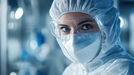 Poster - Biotechnology engineer in protective gear working with advanced bioreactors and cellular cultures, focusing on the innovative processes of genetic modification Close-up photo with clean background