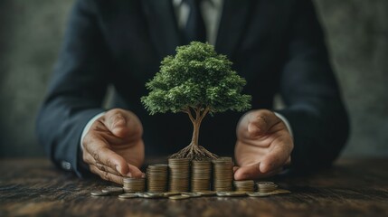 Poster - businessman in a suit placing a stack of money on a wooden table with a small tree growing from a pile of coins symbolizing investment and financial growth