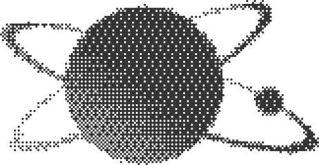 Poster - Bitmap pattern abstract cosmic shape. Planets with orbits. Halftone gradient element. Graphic abstract icons. Dither noisy grunge texture.