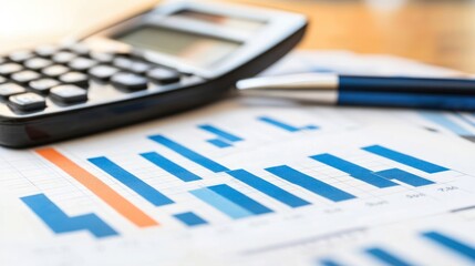 Poster - Calculator, pen, and financial documents spread on a desk with graphs showing rising trends Close-up photo with clean background