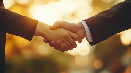 Close-up of two people shaking hands in a business agreement, with a warm sunset background