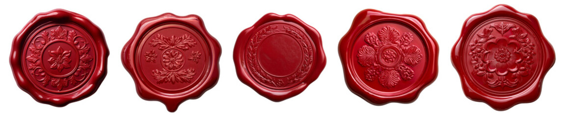 set of five vintage red wax seals with intricate designs, perfect for invitations, certificates, and