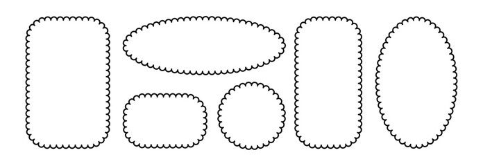 Aufkleber - Circle and square scalloped frames. Scalloped edge rectangle and ellipse shapes. Simple label and sticker form. Flower silhouette lace frame. Vector illustration isolated on white background.