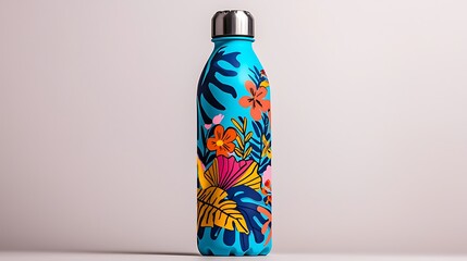 Wall Mural - A reusable water bottle boasts a tropical floral design, blending beauty with function.